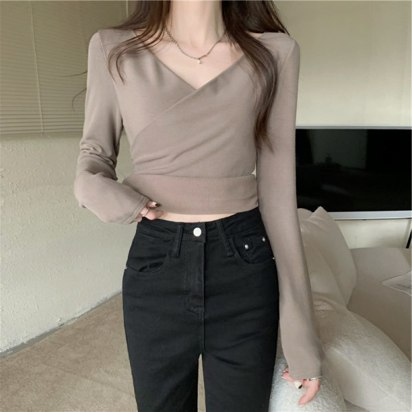 DeRong Autumn and Winter Cross V-neck Long Sleeve T-shirt Slim Fit Women's Top Solid Color Slimming Bottoming Shirt Trendy