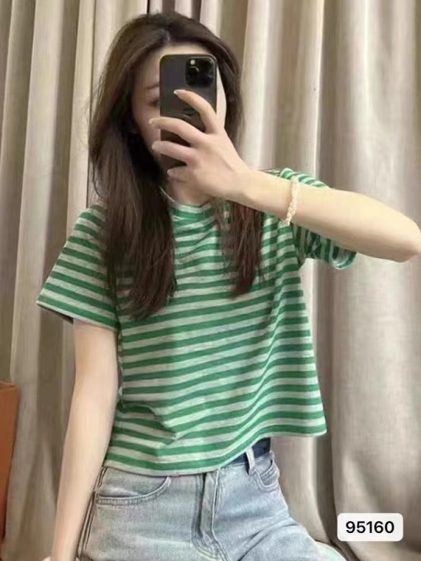 夏季新款復古港風圓領撞色條紋百搭短袖上衣女