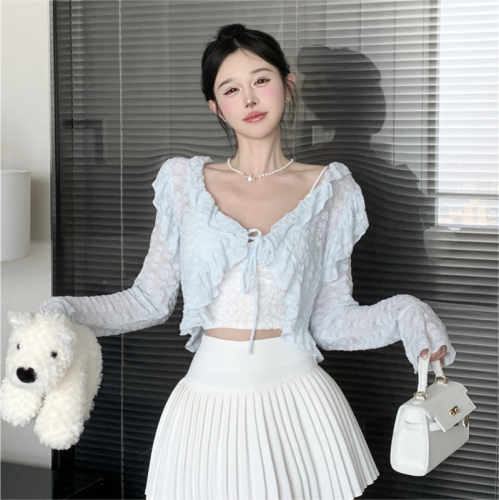 2024 new summer style French sweet and gentle style ruffled strap lace chiffon shirt short blouse tops for women