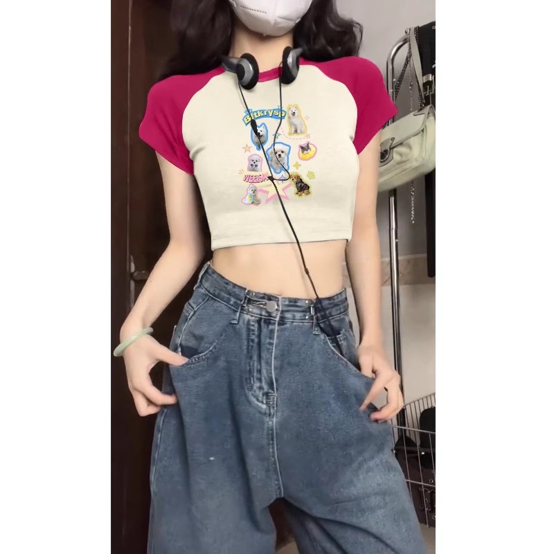 純棉210克40支奧代爾帶彈力直播品質前 印花拼色短袖t恤女