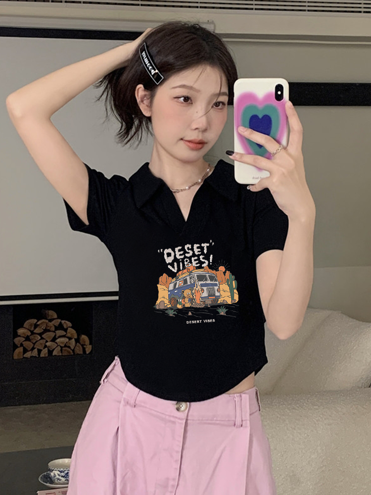 黑色短款T恤女2024年新款設計感小眾別致正肩半袖高腰甜辣小上衣