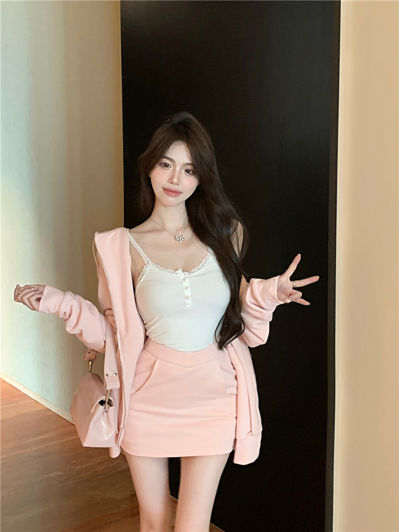Real shot!  Korean sweet suit, long-sleeved hooded sweatshirt, jacket, hip-covering skirt, two-piece set