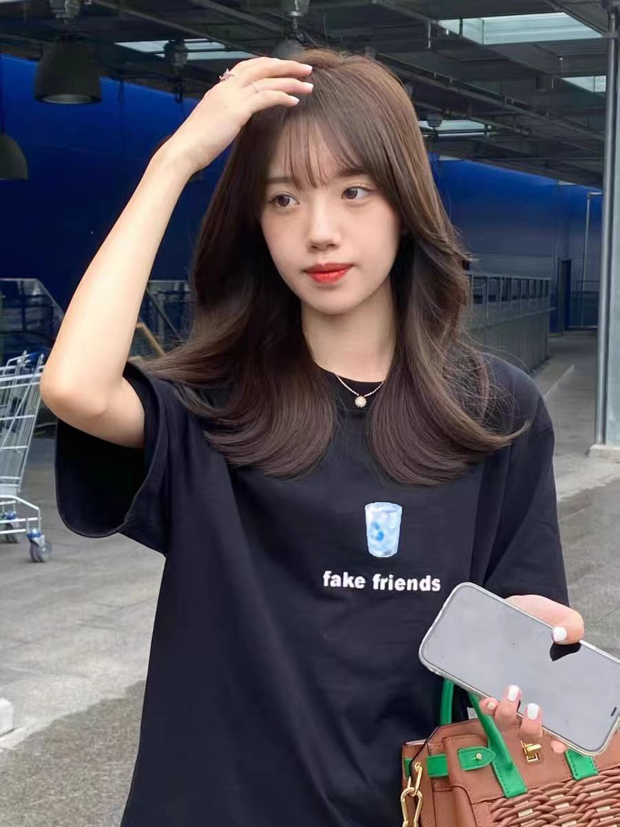 200g combed compact offspun pure cotton back strip Spring and summer loose right shoulder printed short-sleeved T-shirt