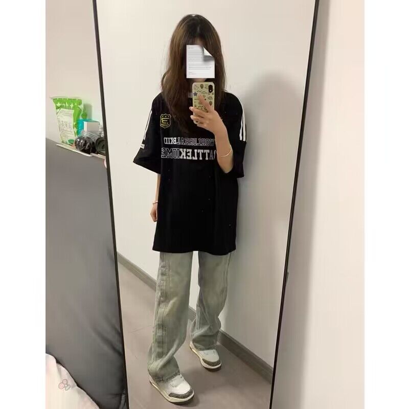 純棉200克21支精梳精密直播品質前 印花三條槓落肩短袖t恤女