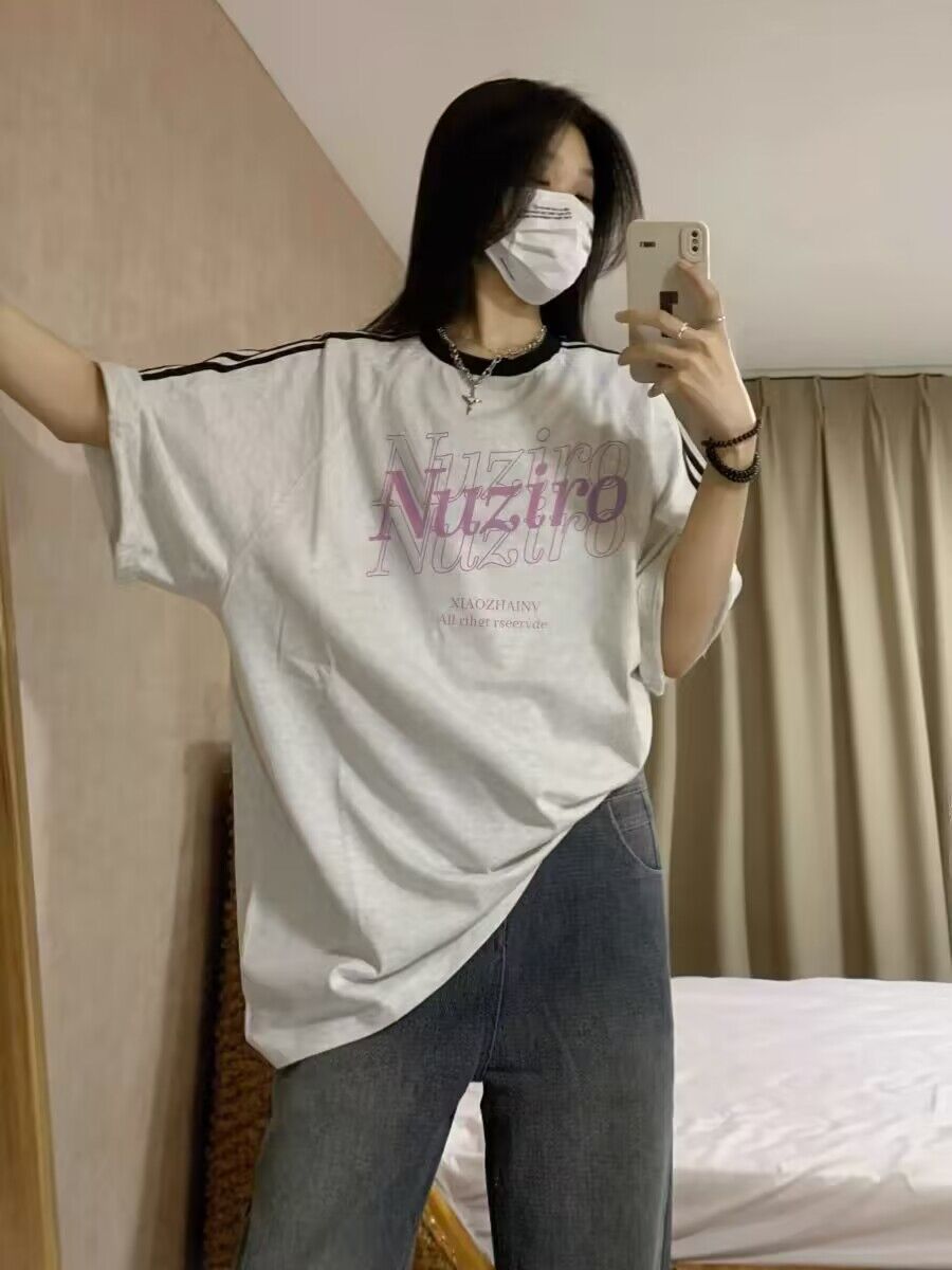純棉200克21支精梳精密直播品質前 印花三條槓落肩短袖t恤女