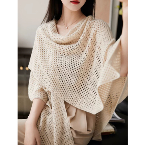 Internet celebrity cape shawl women's spring and summer solid color wool knitted cardigan with hollow scarf dual-purpose cape air-conditioning shirt