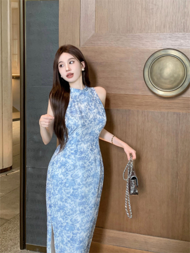 Real shot of celadon national style new Chinese style improved cheongsam dress blue white slim dress