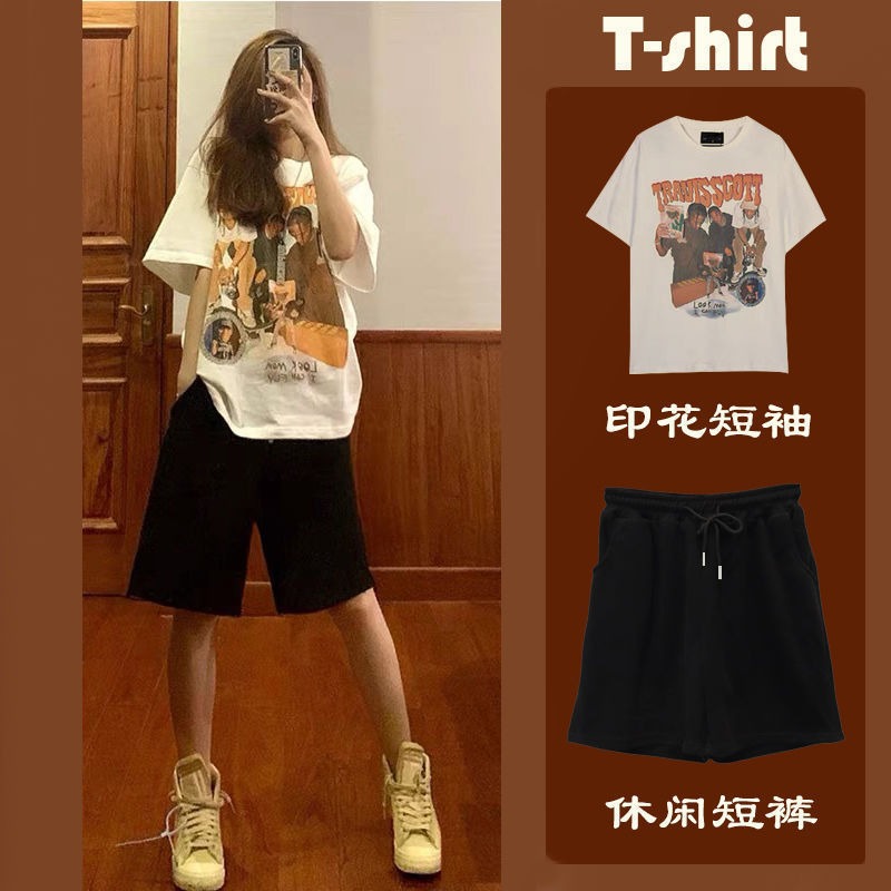 200g combed compact offspun pure cotton back strip Spring and summer loose right shoulder printed short-sleeved T-shirt