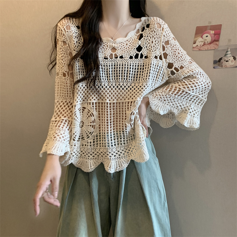 New versatile bohemian style casual loose hollow sexy sweater summer round neck butterfly sleeve top