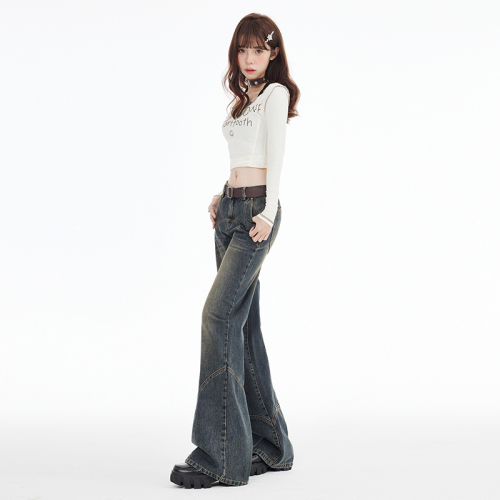 Actual shot of 2024 spring style new American retro loose design temperament versatile low-waisted wide-leg pants