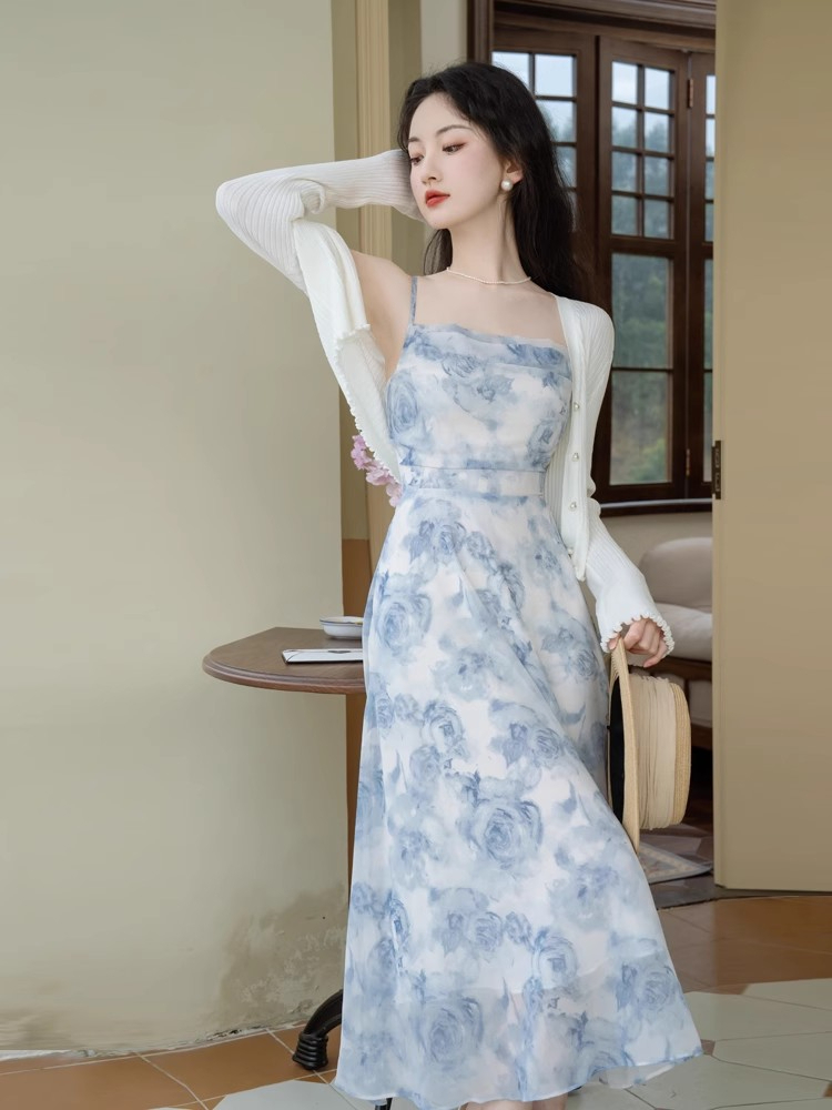 2024新款絕美藍色吊帶連衣裙仙女海邊度假沙灘長裙子夏質感高級感