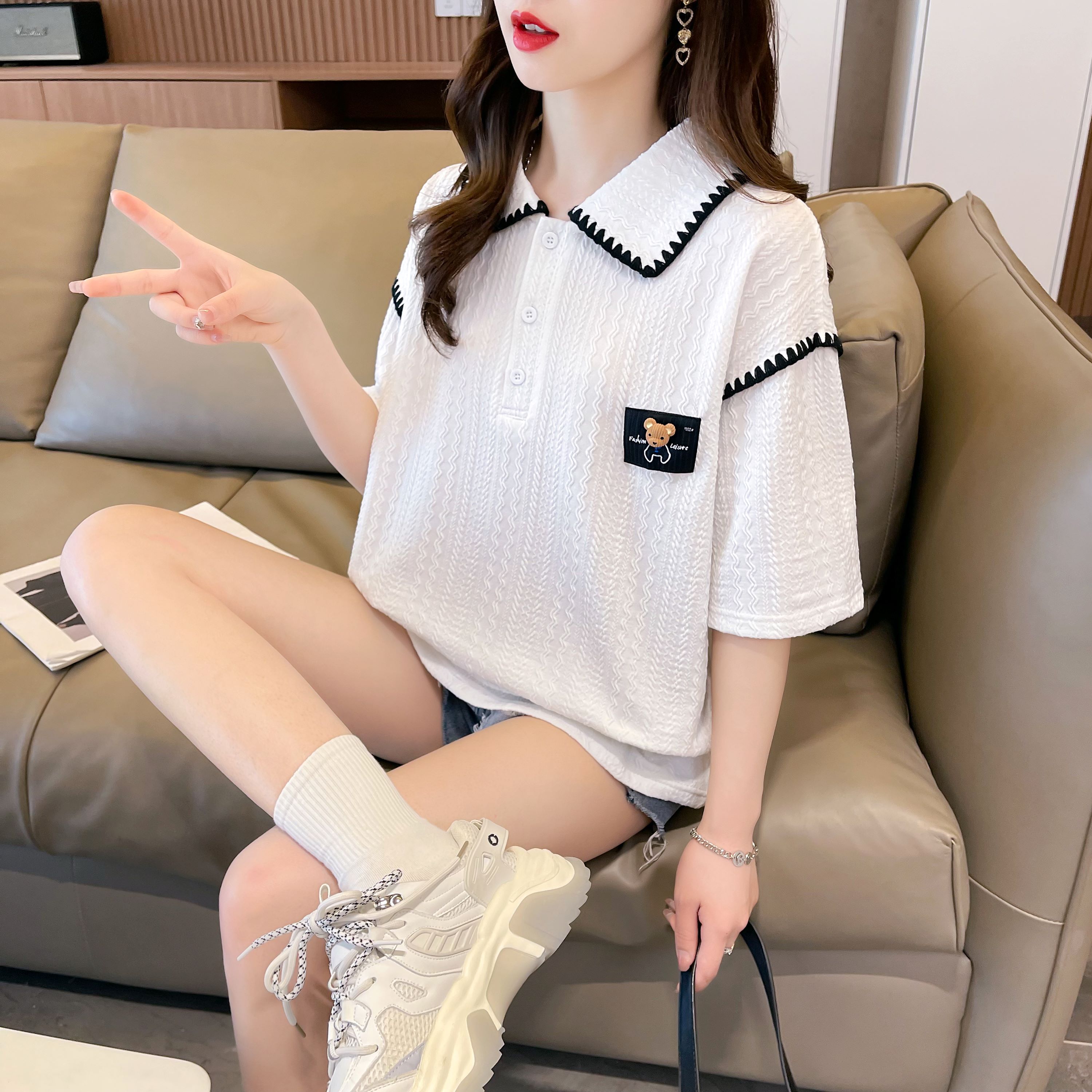 Actual shot of summer Korean style loose back collar waffle POLO collar cartoon print large size short-sleeved T-shirt for women