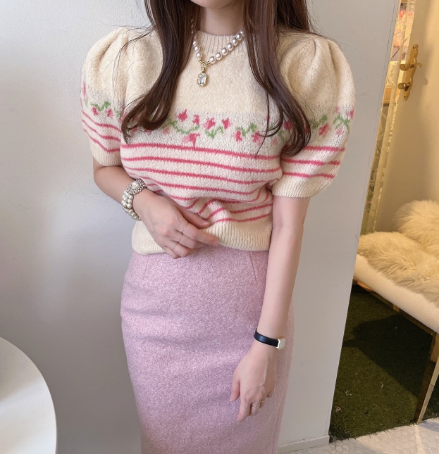！法式氣質韓版復古提花毛衣女秋撞色花朵泡泡袖針織衫上衣