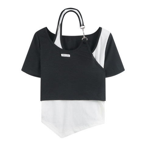 New Irregular Fake Two-Piece Fashion T-Shirt Design Hot Girls Short-Sleeved Slim Tops