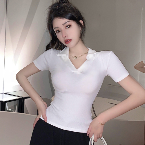 Real shot of summer Korean style hot girl V-neck slim polo shirt women's right shoulder short-sleeved bottoming pure cotton T-shirt short top