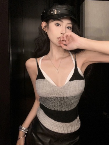 Actual shot of Korean style contrast striped slim fit knitted halter top with camisole underneath