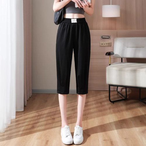 Ice silk cropped pants for women summer 2024 new thin women's pants high waist slim black pants casual harem pants