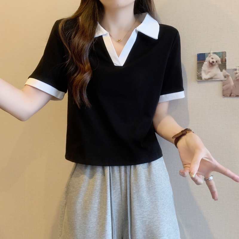 撞色polo衫短袖t恤女2024新款設計感小眾夏季獨特别致少女上衣服