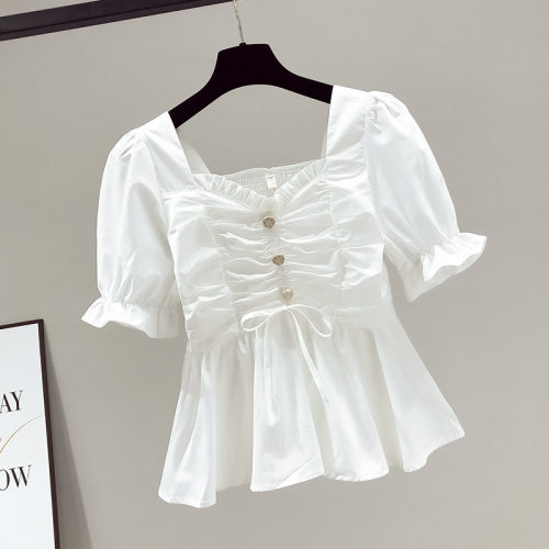 夏季2024年新款方领白色短袖法式高级感上衣收腰显瘦泡泡袖衬衫女