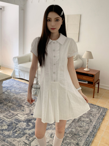 Real shot of summer Internet celebrity style white polo collar single-breasted short-sleeved fairy group skirt short skirt for women