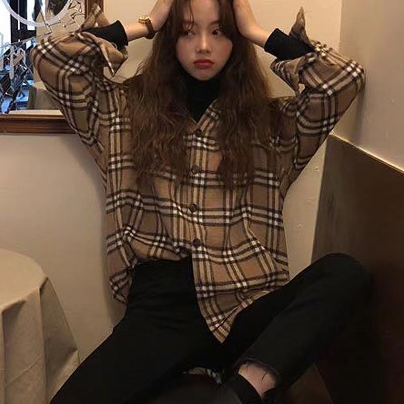 磨毛格子襯衫女 秋冬新款外穿韓范復古港味設計感小眾ins襯衣