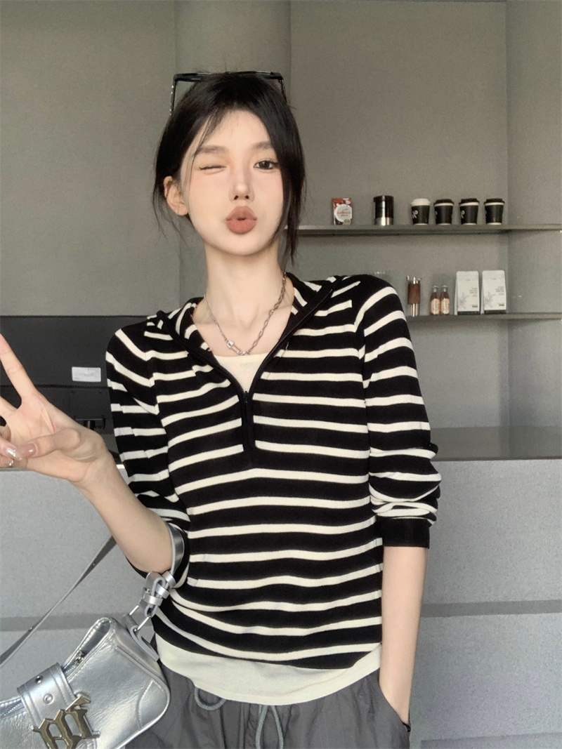 實拍  美式復古風簡約風拉鏈修身顯瘦長袖T恤女連帽上衣