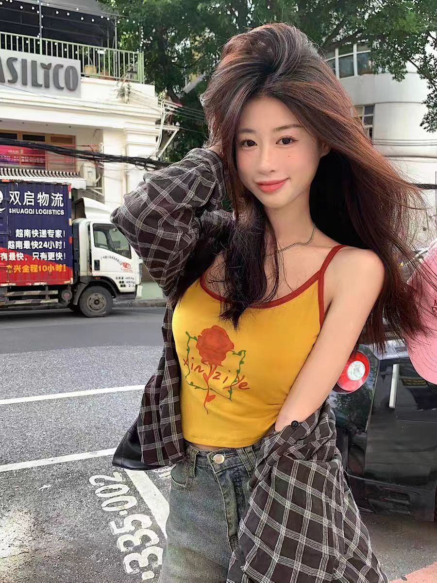 Official photo camisole women's summer new style rose print hot girl short slim fit top with padded bottoming shirt