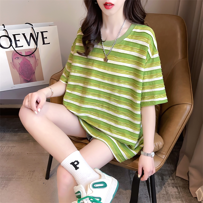 Real shot 2024 summer pure cotton Korean style round neck loose striped mid-length large size short-sleeved T-shirt for women