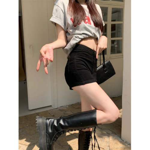 Little black denim shorts women's summer new American hot tight A-line outer wear straight pants