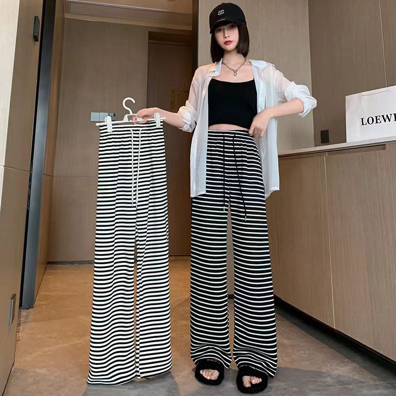 黑白條紋褲子女小個子夏季薄款高腰垂墜感冰絲闊腿褲休閒寬鬆直筒