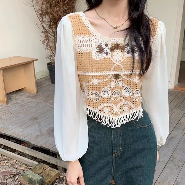 韓版防曬網紅款洋氣針織鈎花拼接長袖女秋季新款假兩件雪紡衫上衣
