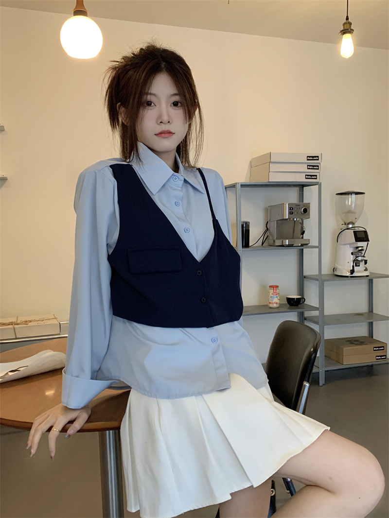實拍春季新款復古港風設計感小眾假兩件拼接馬甲長袖襯衫上衣