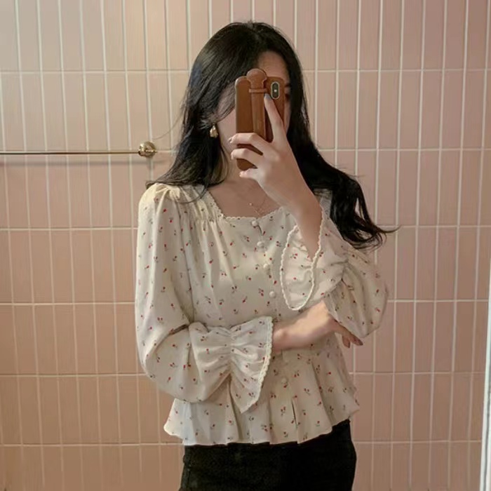 鬼馬少女韓國chic減齡浪漫季溫柔小碎花方領顯瘦短款襯