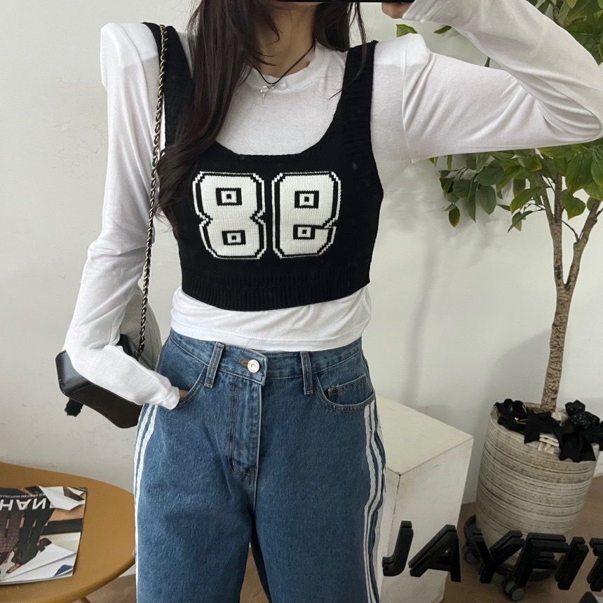 春夏顯瘦套頭修身數字印花針織吊帶背心