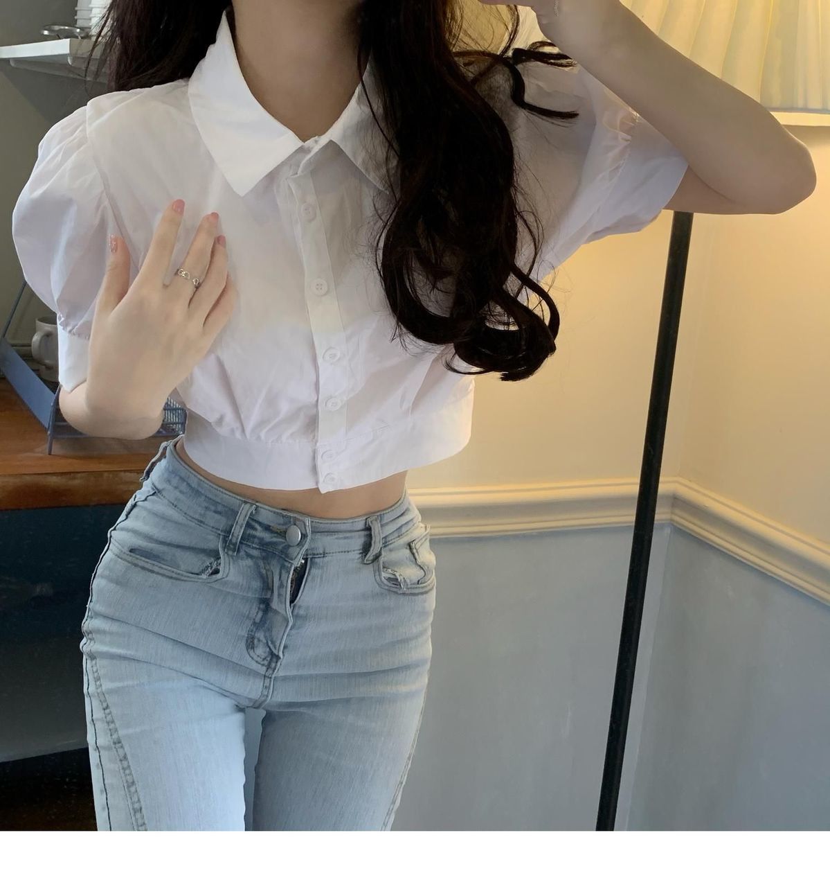 襯衫女夏季設計感小眾短袖打底衫泡泡袖內搭短襯衣白色短款上衣女