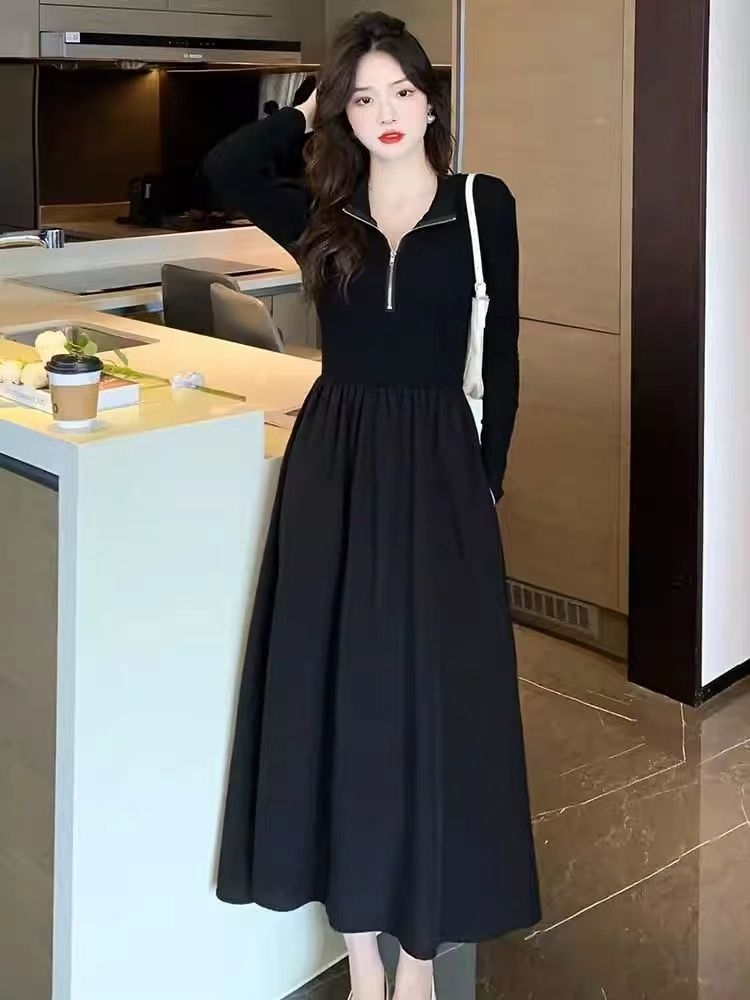 黑色長袖連衣裙女秋季2024新款法式高級感氣質收腰顯瘦赫本風裙子