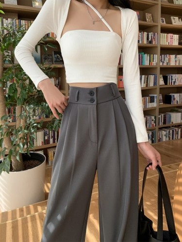 Double-button wide-leg pants high-waisted 2024 summer thin fat and slim suit pants high-end straight trousers