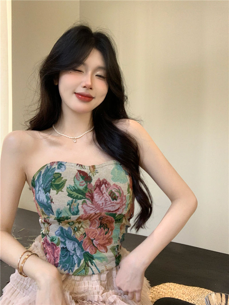 針織 2024年夏季新款韓版純欲性感帶胸墊彩色花花抹胸