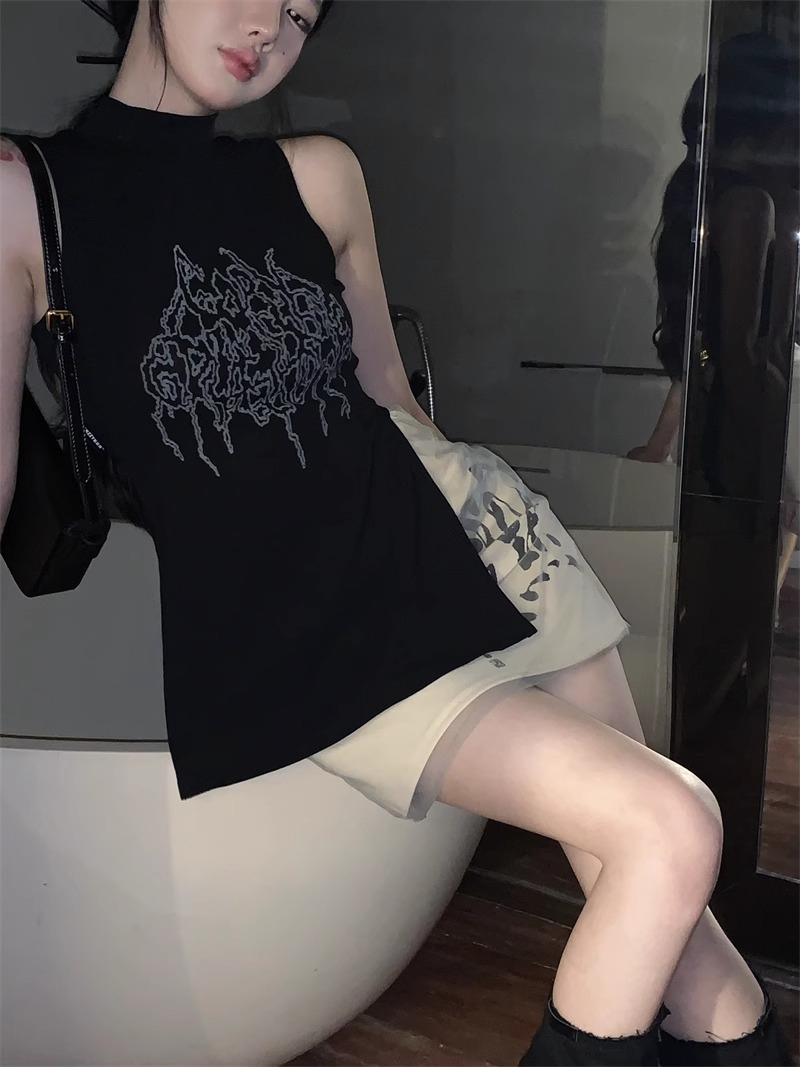Official photo New Chinese style retro half turtleneck slit vest women's spring and summer design national style sleeveless top
