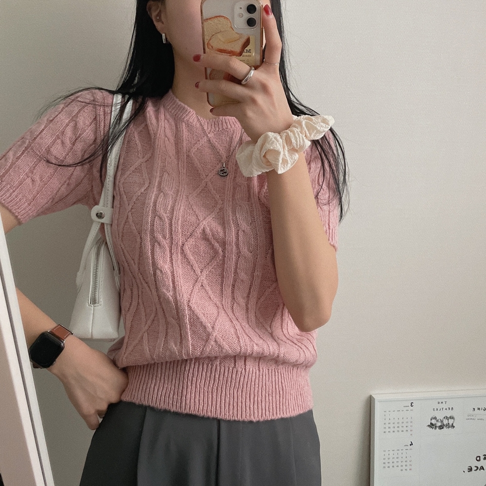 實拍 韓版ins麻花短袖T恤春夏慵懶風寬鬆純色圓領套頭針織衫毛衣