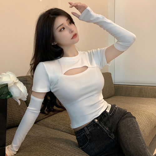Real shot of Pure Desire Sexy Hollow Sleeve Tops Bottoming Shirt Short Sleeve Cotton Sleeve T-shirt Slim Summer Fashion Brand Women