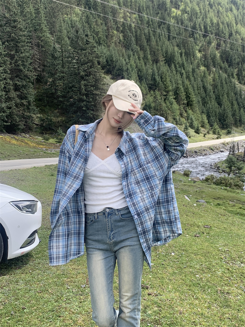 Real shot ~ Early spring Korean style ghost horse bm blue plaid loose long-sleeved shirt sun protection jacket