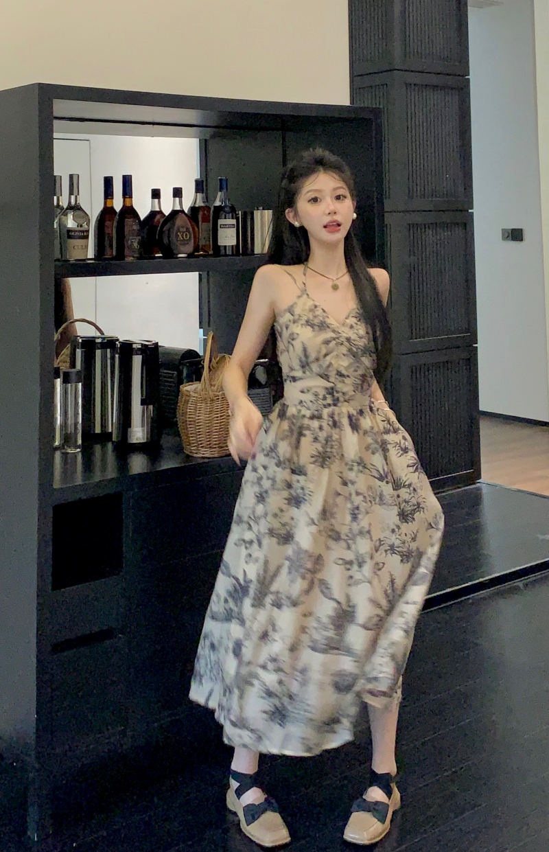 Real shot of ink Tencel V-neck suspender skirt niche design printed dress high-end long skirt summer
