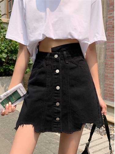 Black half-length denim short skirt for women summer high-waist slimming irregular design niche breasted A-line skirt