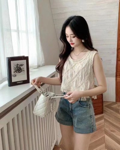 Niche design retro crochet hollow suspender first love style travel and vacation outer loose vest foreign style top