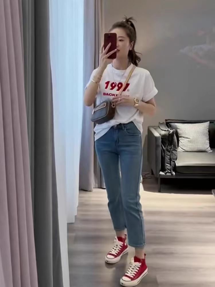 200g combed compact offspun pure cotton back strip Spring and summer loose right shoulder printed short-sleeved T-shirt