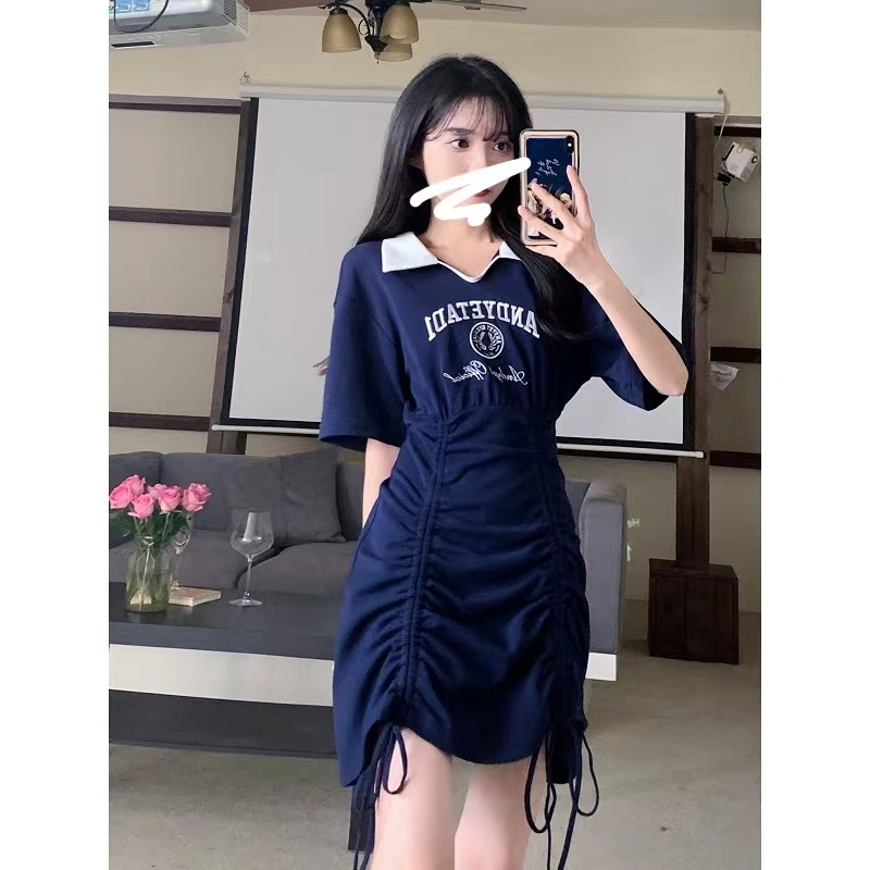 大碼美式復古學院風抽繩polo領夏季顯瘦收腰包臂連裙女辣妹裙