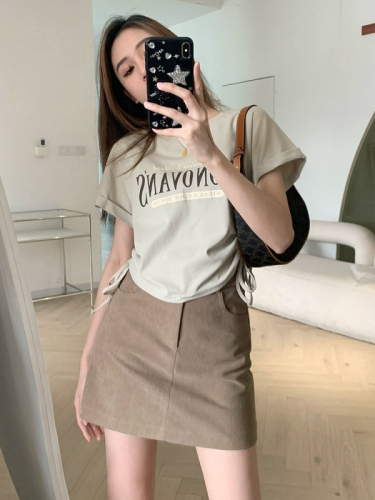 Official photo, short-sleeved T-shirt for women, new summer letter print drawstring pleated bottoming shirt, short slimming top