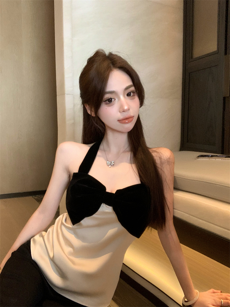 實拍 蝴蝶結撞色緞面掛脖純欲吊帶背心女
