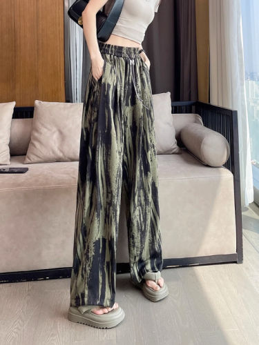 Ice silk tie-dye wide-leg pants for women in summer, thin, high-waisted, lazy style, straight-leg, loose, slimming, casual floor mopping pants